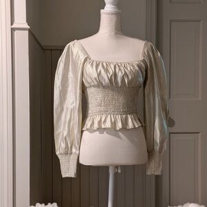 KLUTCH Cream Shimmer Smocked Peplum Blouse Puff Sleeve Size S NWT